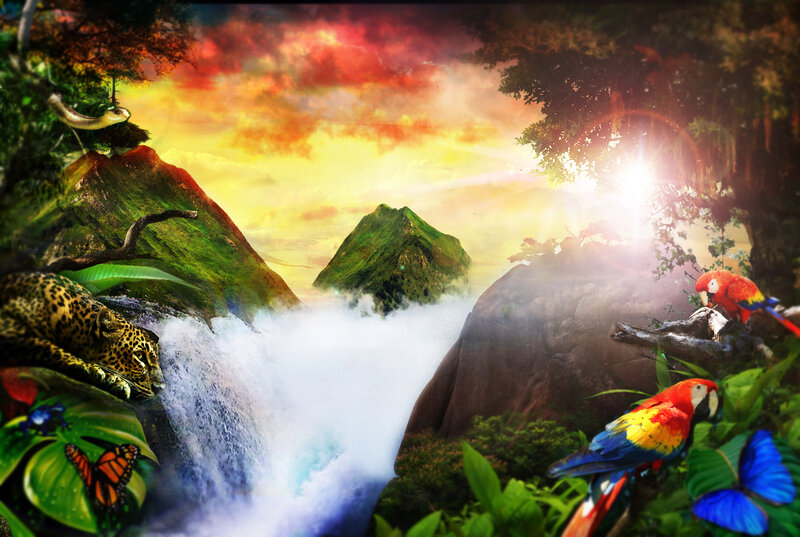 Jungle Waterfall Scene — Green, Dramatic