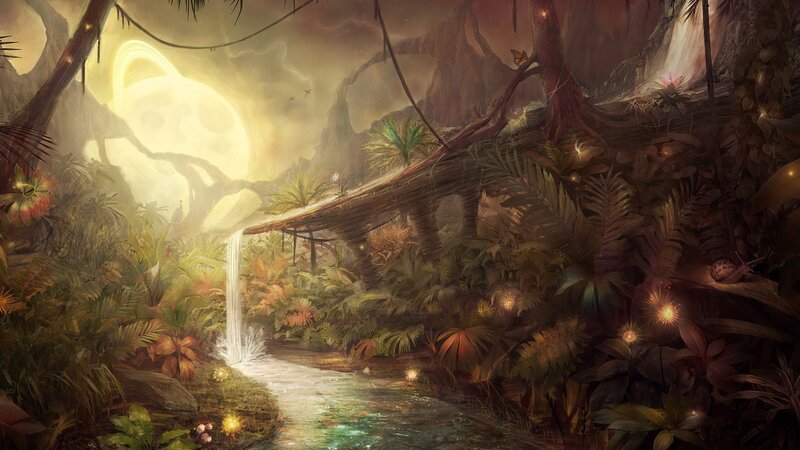 Jungle Waterfall Scene — Green, Mysterious