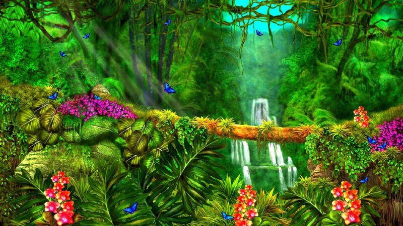 Jungle Waterfall Scene — Green, Serene, Afternoon, Digital Art, Butterflies