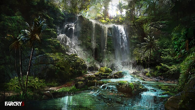Jungle Waterfall Scene — Green, Serene, Afternoon, Digital Art, Palm Trees, River, Moss, Blue