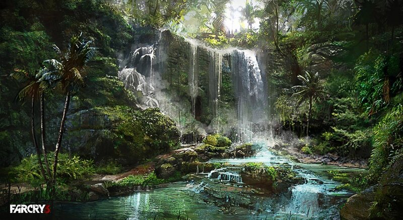 Jungle Waterfall Scene — Green, Serene, Afternoon, Digital Art, Palm Trees, River, Mossy Rocks