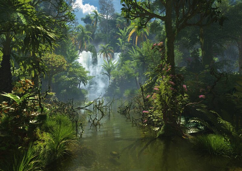 Jungle Waterfall Scene — Green, Serene, Afternoon, Digital Art
