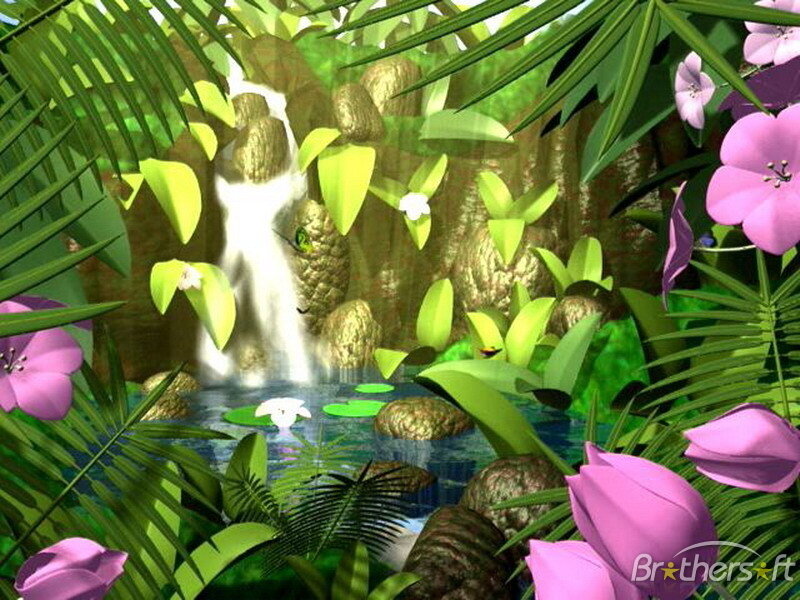 Jungle Waterfall Scene — Green, Serene, Digital Art, Flowers