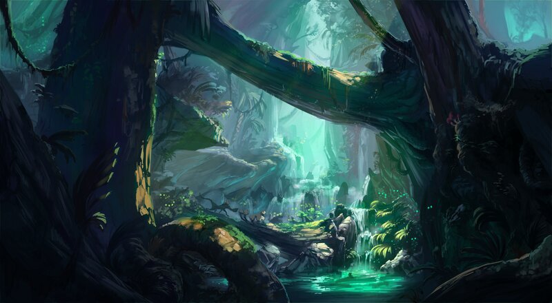 Jungle Waterfall Scene — Green, Serene, Digital Art