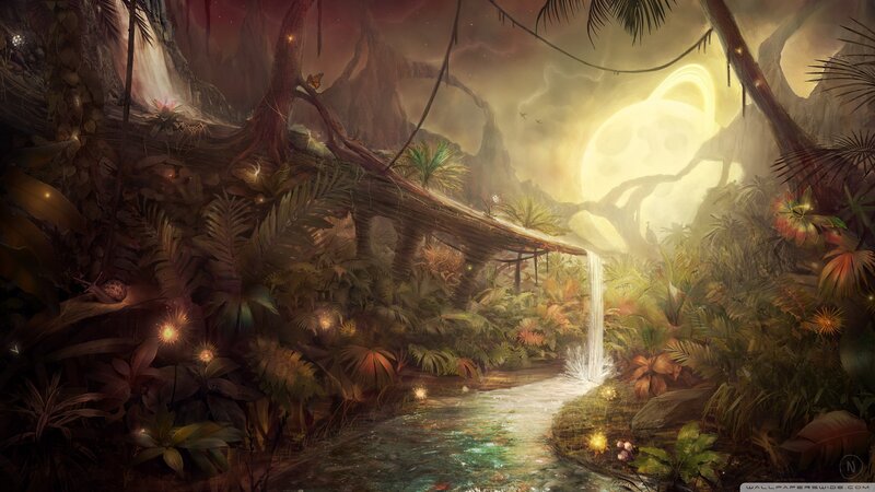 Jungle Waterfall Scene — Green, Serene, Night