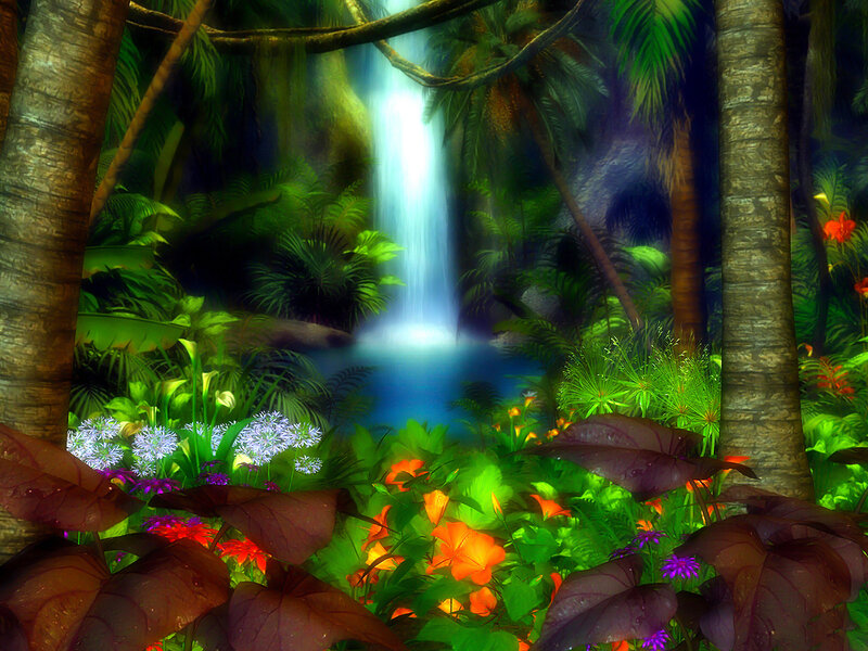 Jungle Waterfall Scene — Green, Serene