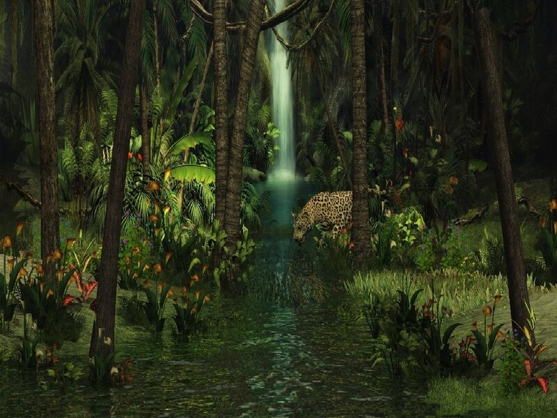 Jungle waterfall with jaguar