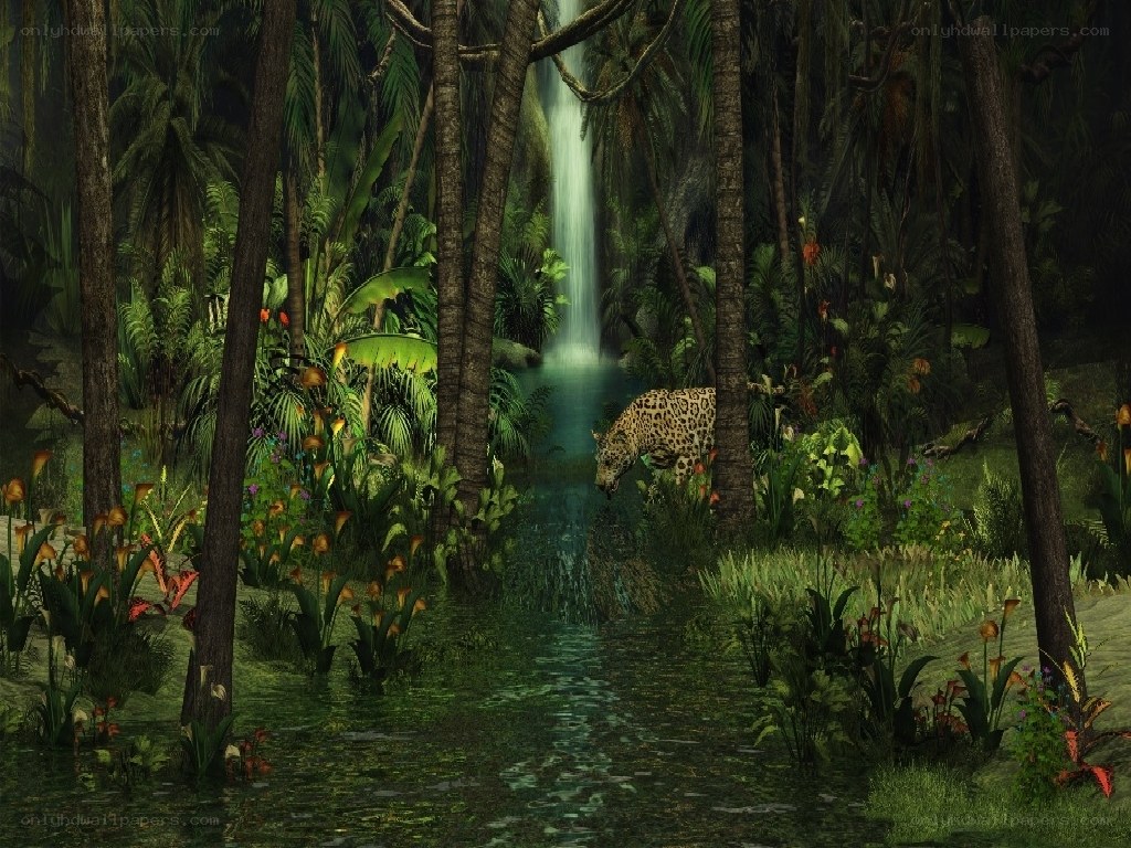 Jungle waterfall with jaguar