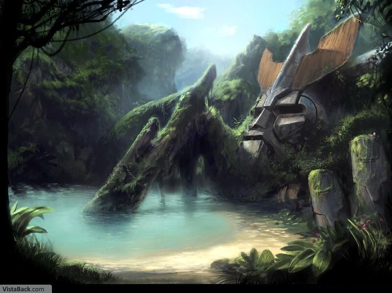 jungle waterfall with robot head