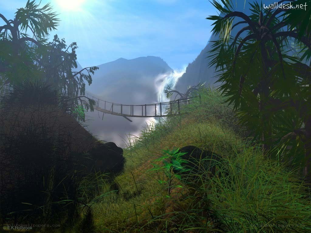 Jungle waterfall with suspension bridge