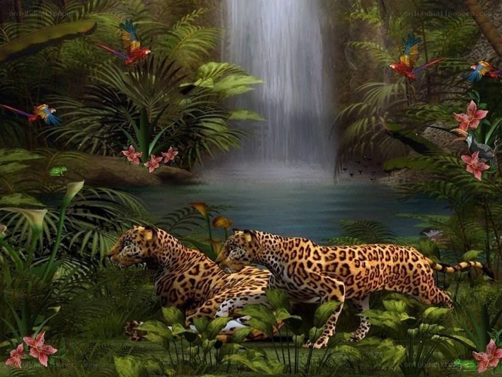 Jungle with jaguars and waterfall