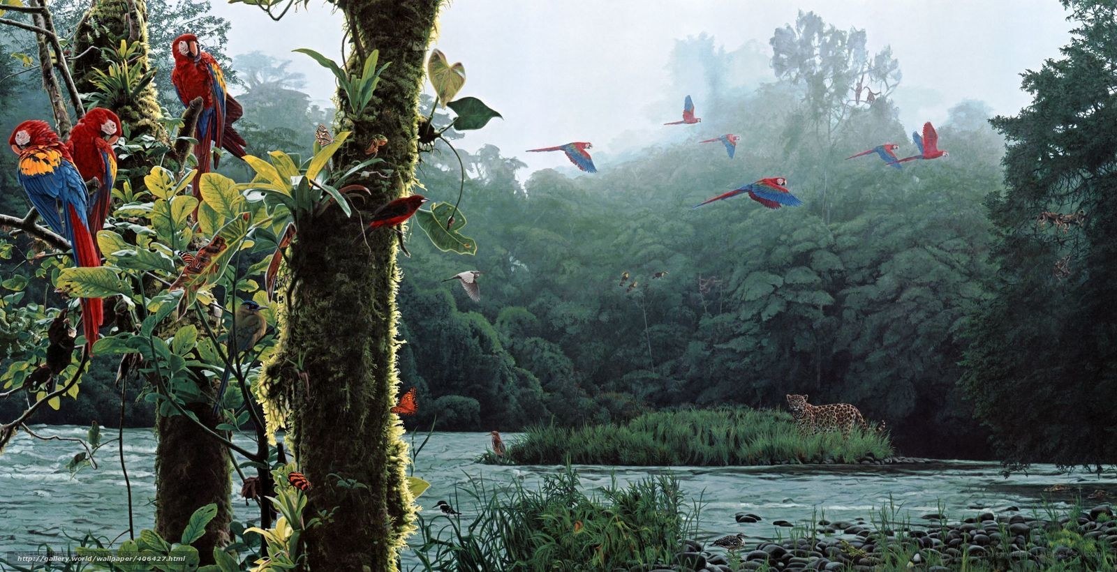 Jungle with parrots and jaguar