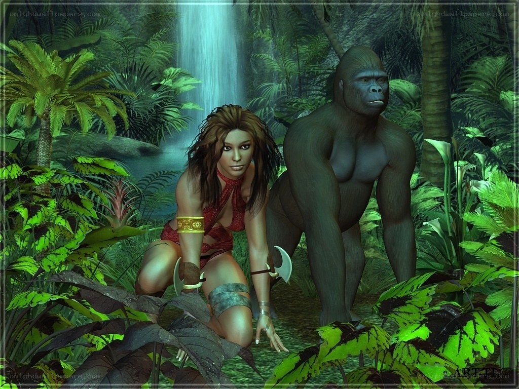 Jungle woman with gorilla