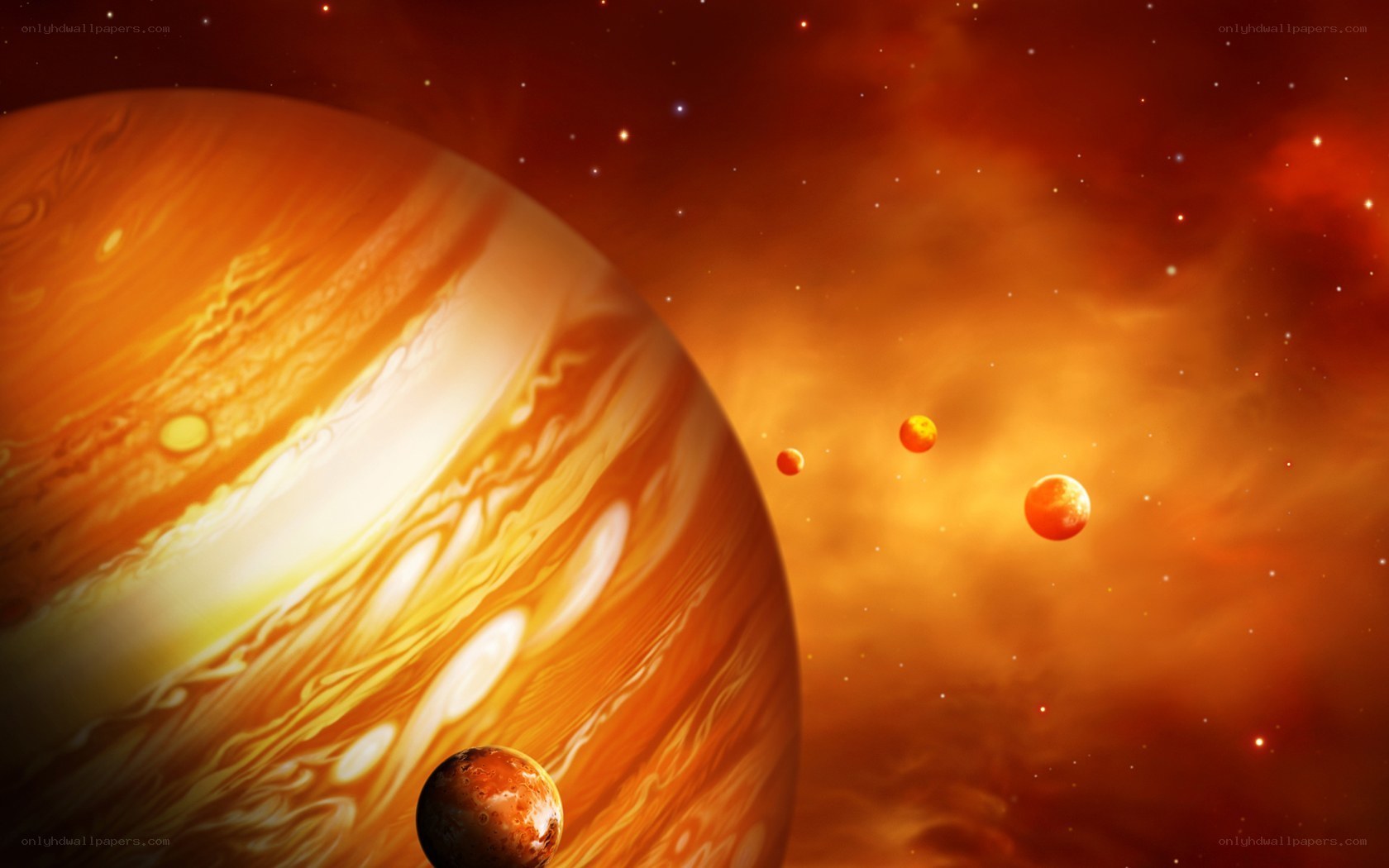 Jupiter and its moons in space