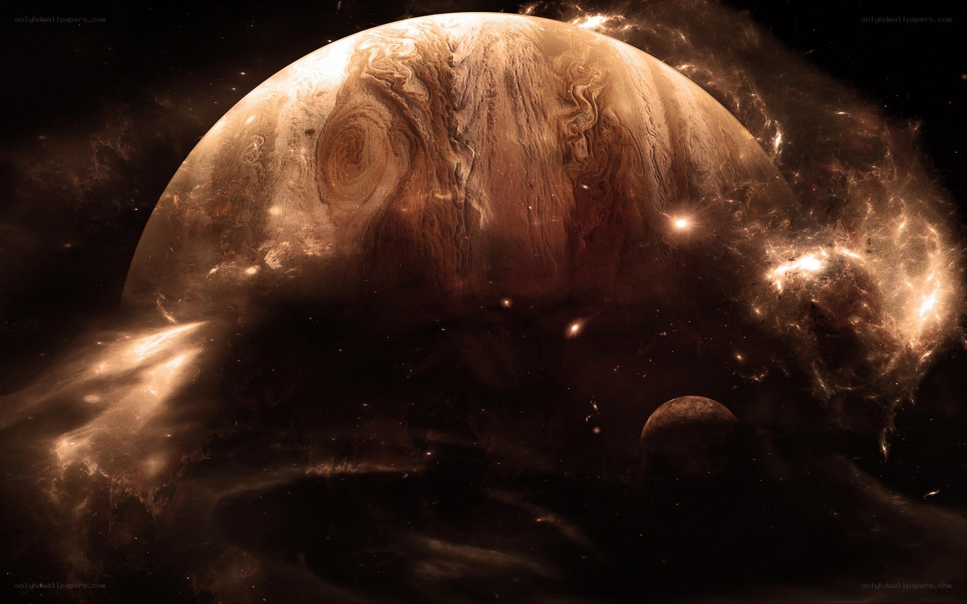Jupiter and its moons in space