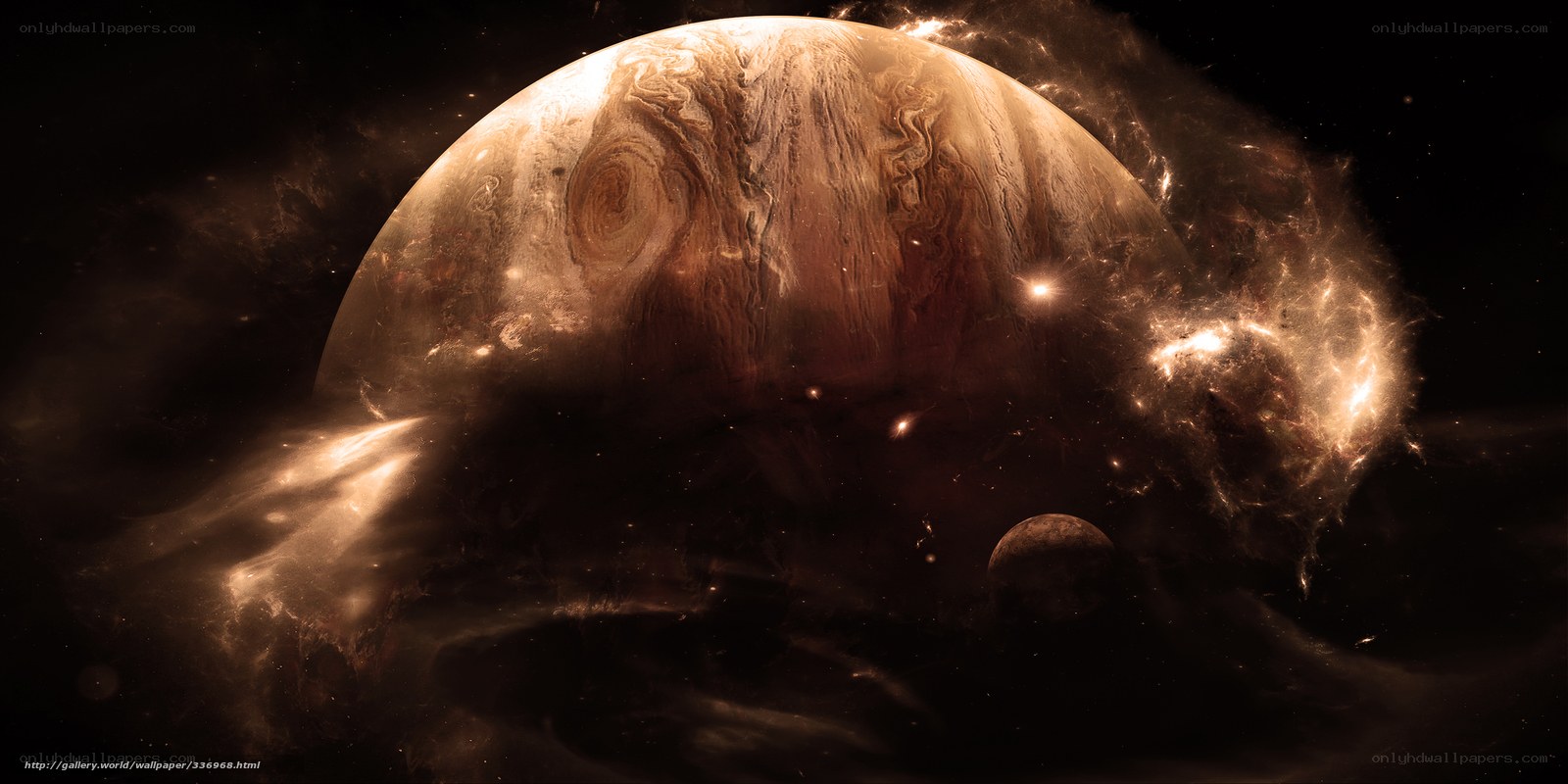 Jupiter and its moons in space