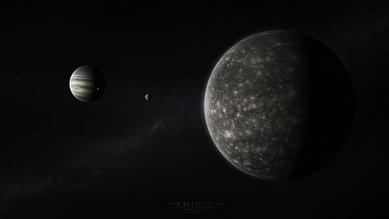 Jupiter and Moons — Black, Dramatic, Night, Digital Art