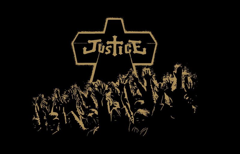 Justice band logo with crowd
