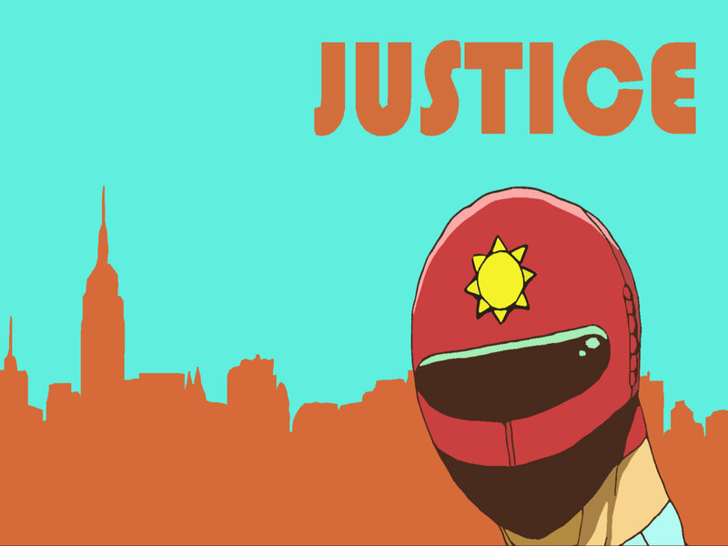 Justice superhero with city skyline