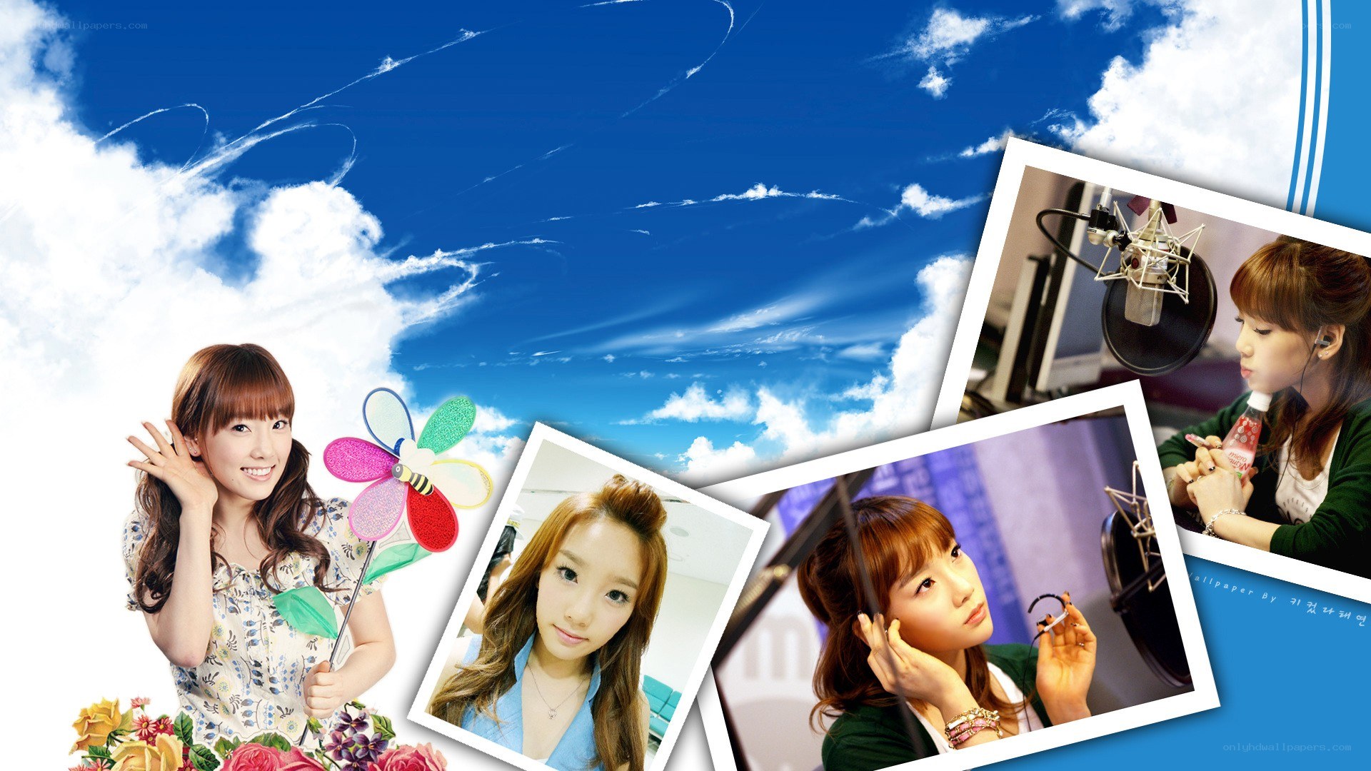 K-pop artist collage with sky background