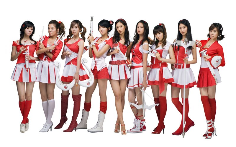K-pop group in red and white costumes