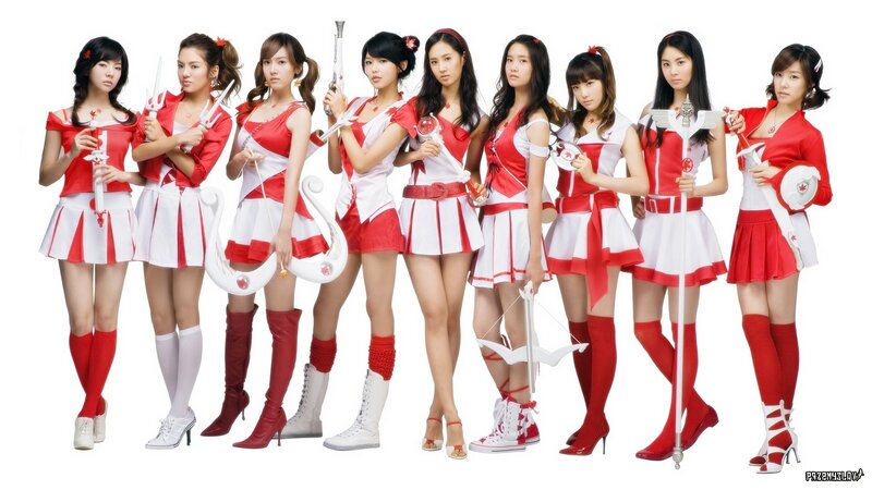 K-pop group in red and white costumes