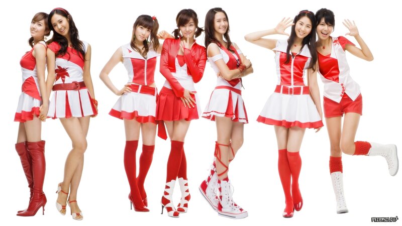 K-pop group in red and white outfits