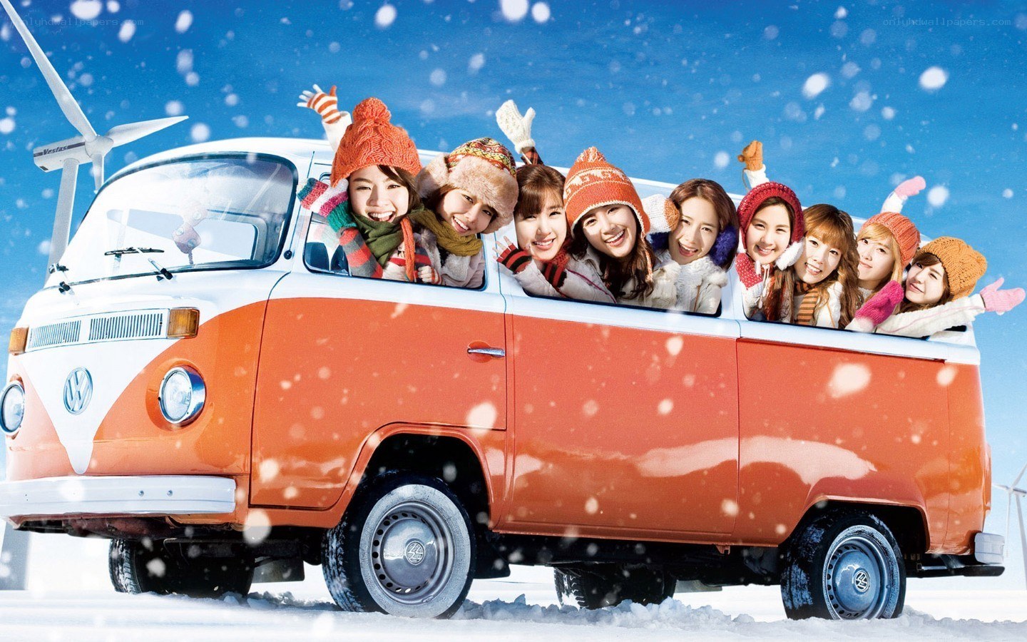 K-pop group in winter van