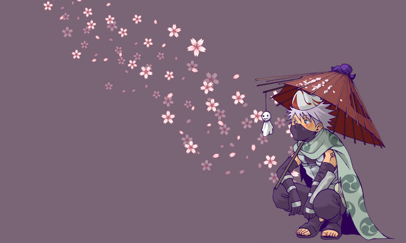 Kakashi with umbrella and cherry blossoms