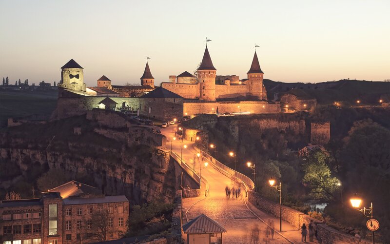 Kamenets-Podolsky Castle at dusk