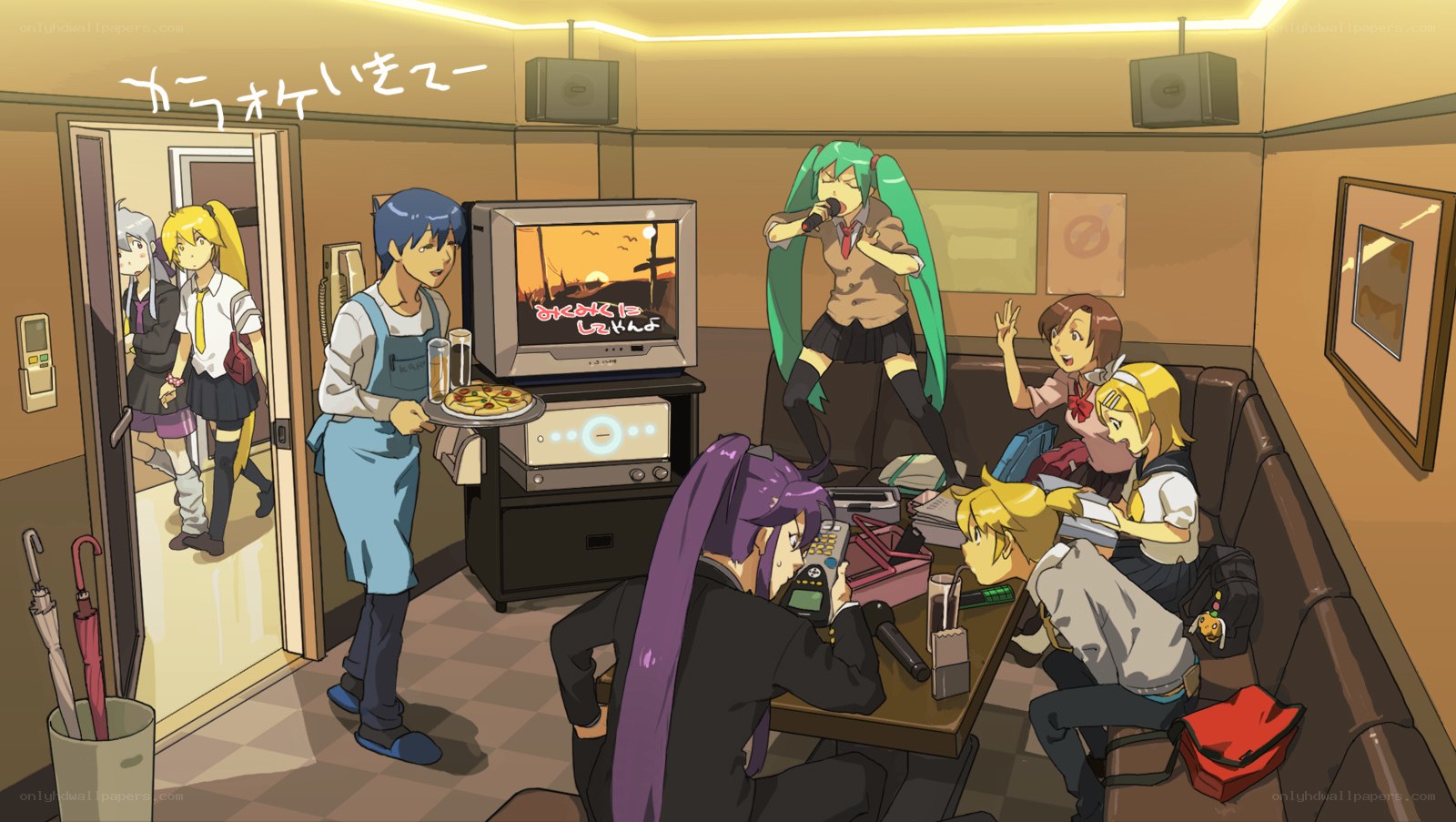 Karaoke room with anime characters