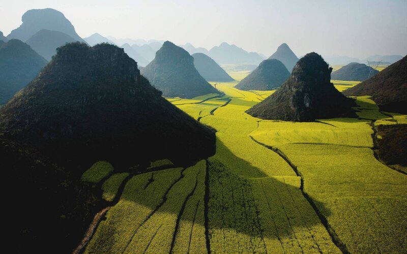 Karst Mountains and Fields — Green, Serene, Afternoon