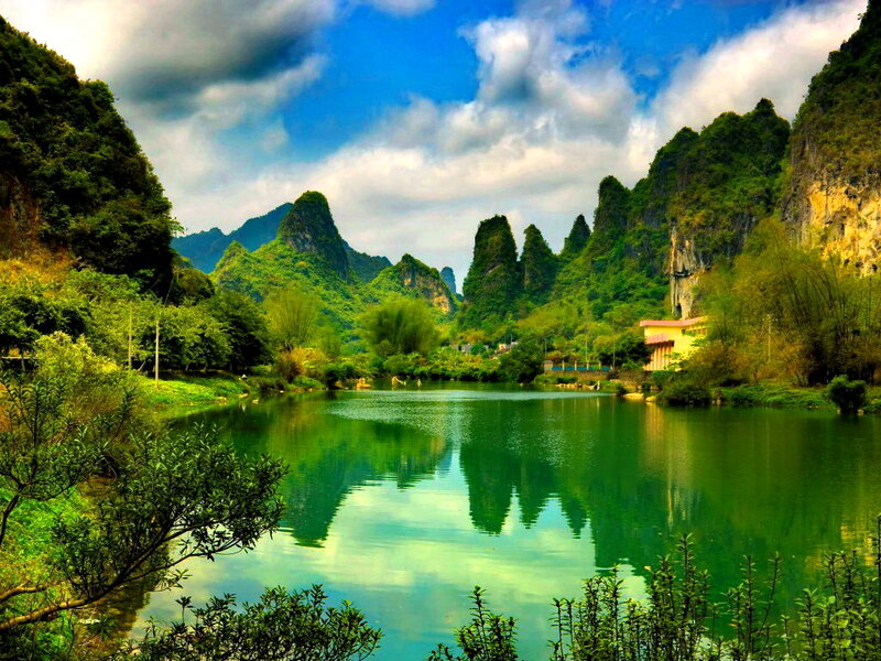Karst Mountains and Lake — Green, Serene, Afternoon