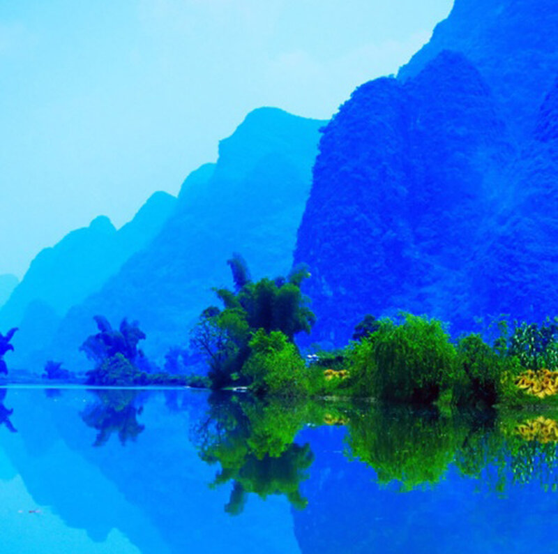 Karst Mountains and River — Blue, Serene, Photograph