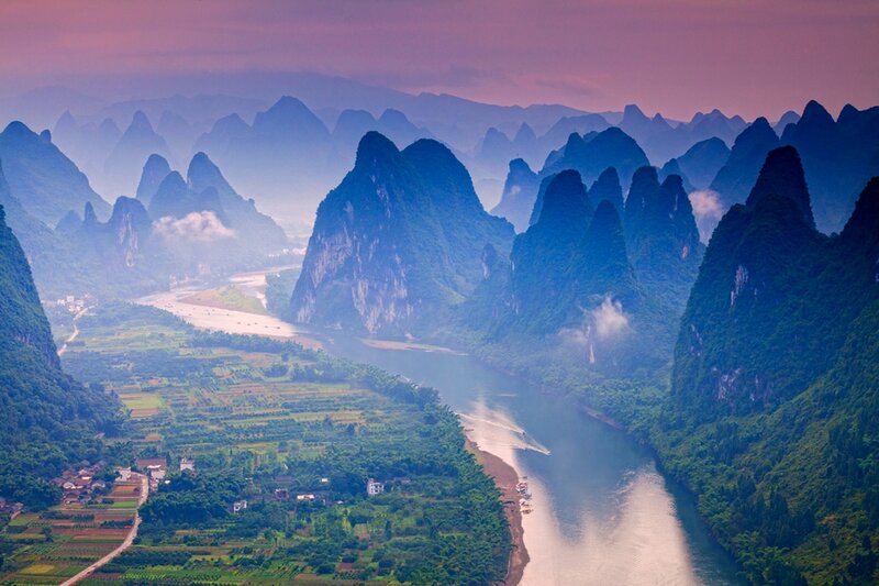Karst Mountains and River — Blue, Serene, Sunset