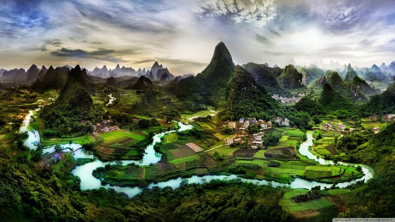 Karst Mountains and River — Green, Dramatic, Morning, Photograph