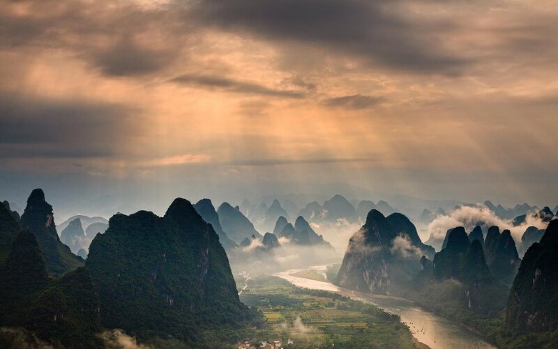 Karst Mountains and River — Green, Dramatic, Morning