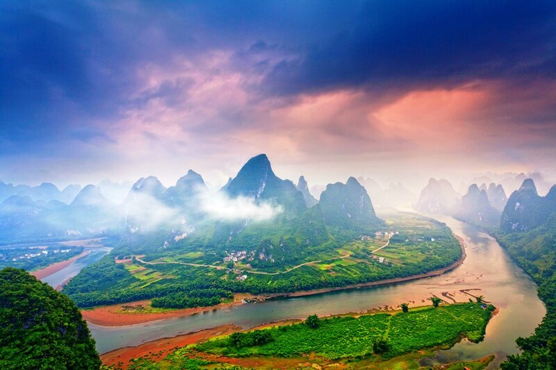 Karst Mountains and River — Green, Dramatic, Sunrise