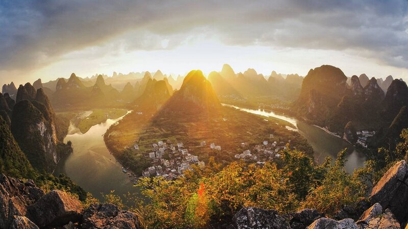 Karst Mountains and River — Green, Dramatic, Sunset, Photograph
