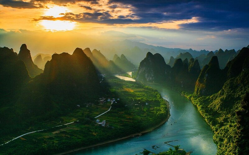 Karst Mountains and River — Green, Dramatic, Sunset