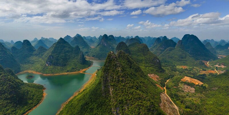 Karst Mountains and River — Green, Serene, Afternoon, Photograph, Sky