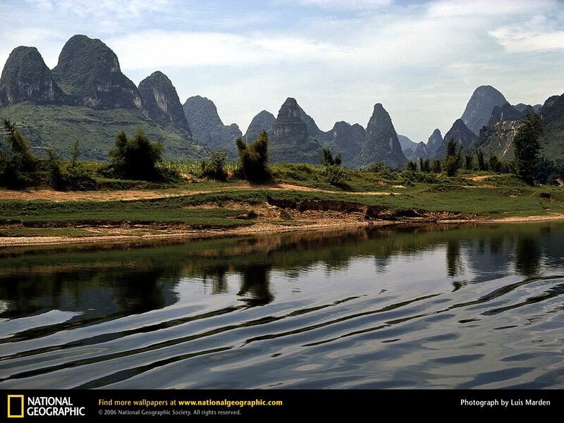 Karst Mountains and River — Green, Serene, Afternoon, Photograph, Trees, Blue, Gray