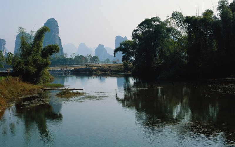 Karst Mountains and River — Green, Serene, Afternoon, Photograph, Trees, Blue