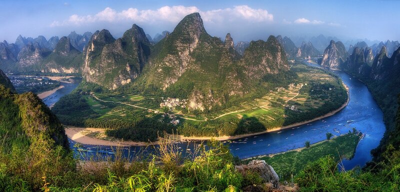 Karst Mountains and River — Green, Serene, Afternoon, Photograph, Villages