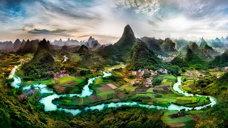 Karst Mountains and River — Green, Serene, Morning