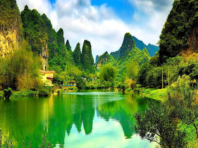 Karst Mountains and River — Green, Serene
