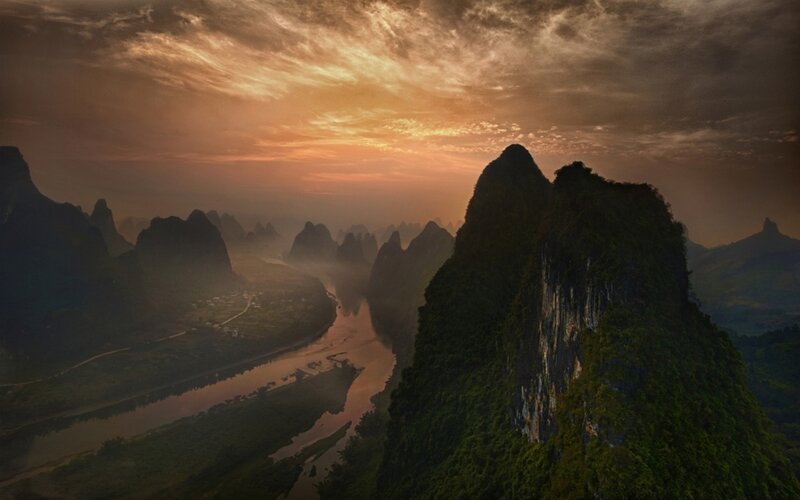 Karst Mountains and River — Orange, Dramatic