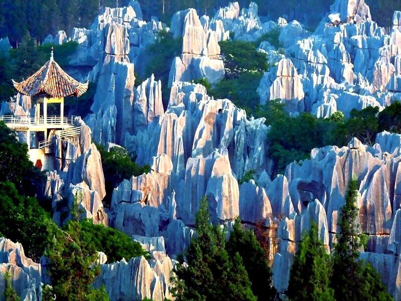 Karst rock formations with pavilion
