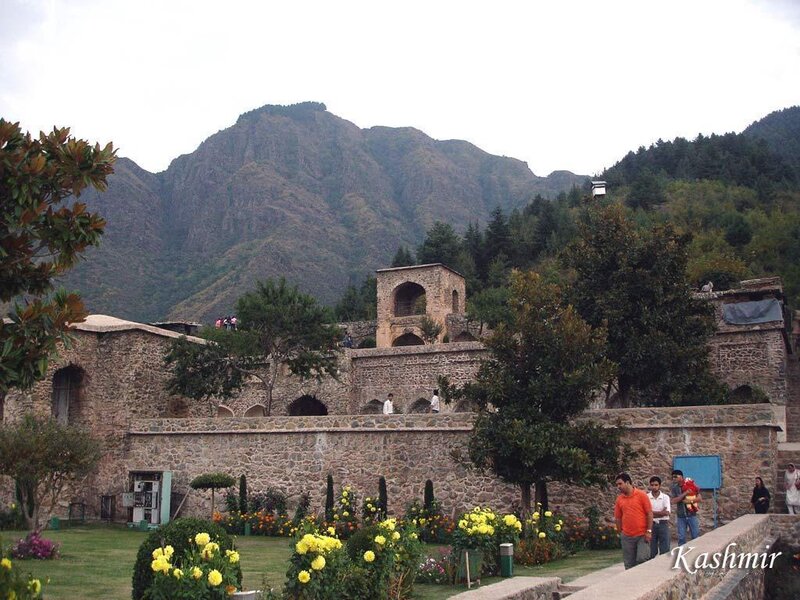 Kashmiri garden with mountains