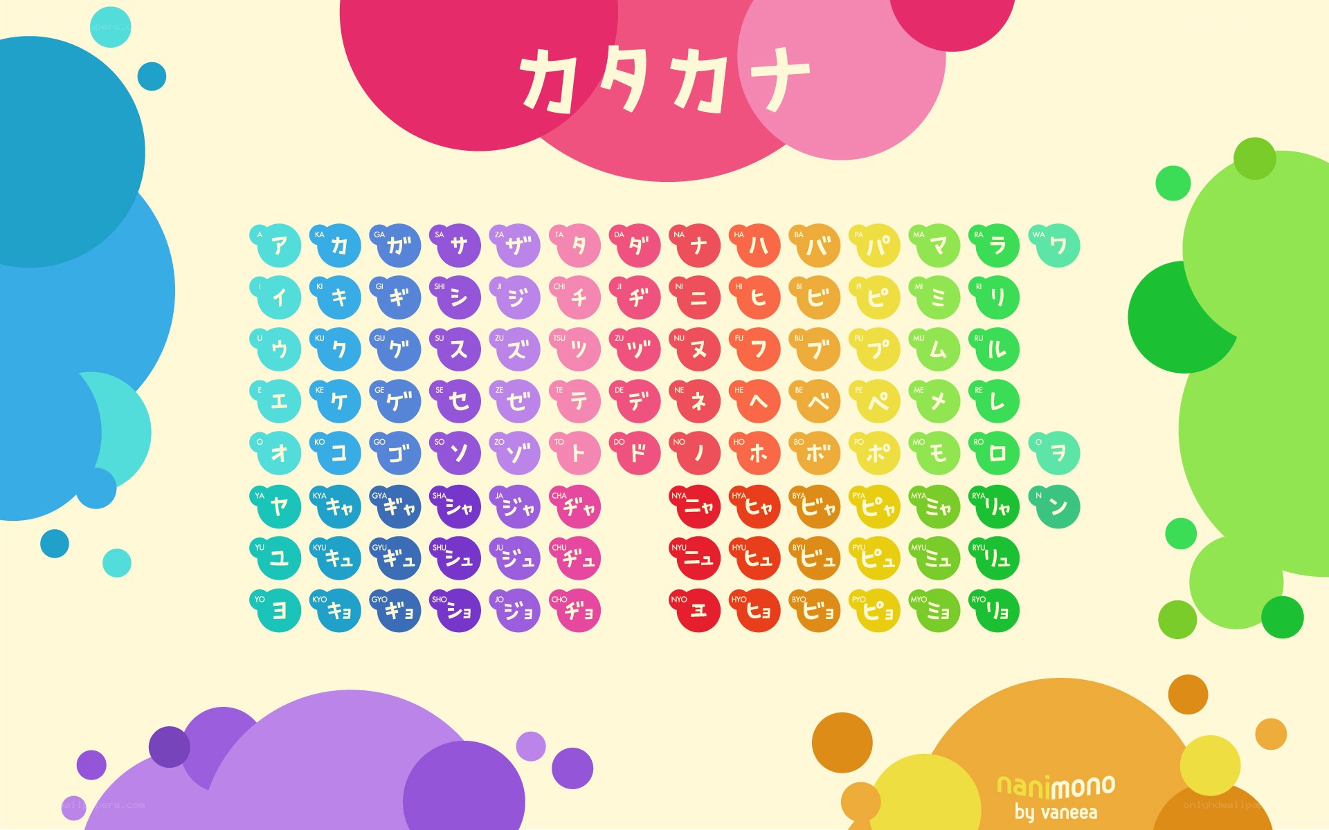 Katakana chart with colorful bubbles